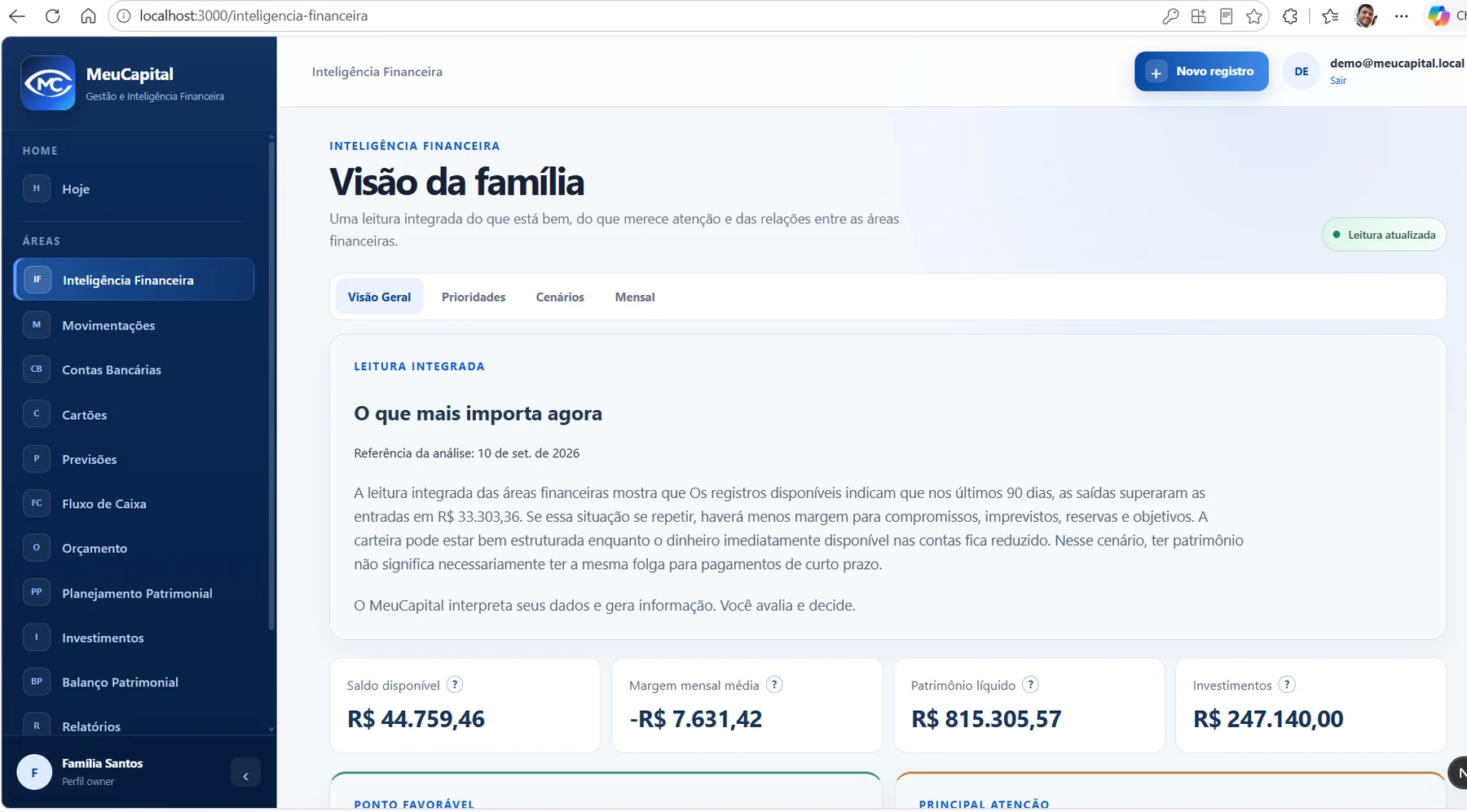 Tela de Inteligência financeira do MeuCapital